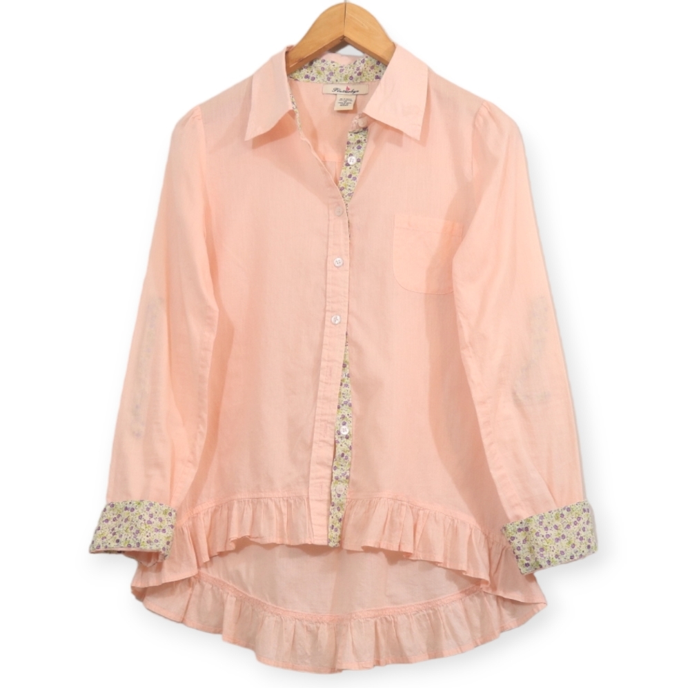 Flutterbye Cotton Floral Print Ruffle Button Up Shirt